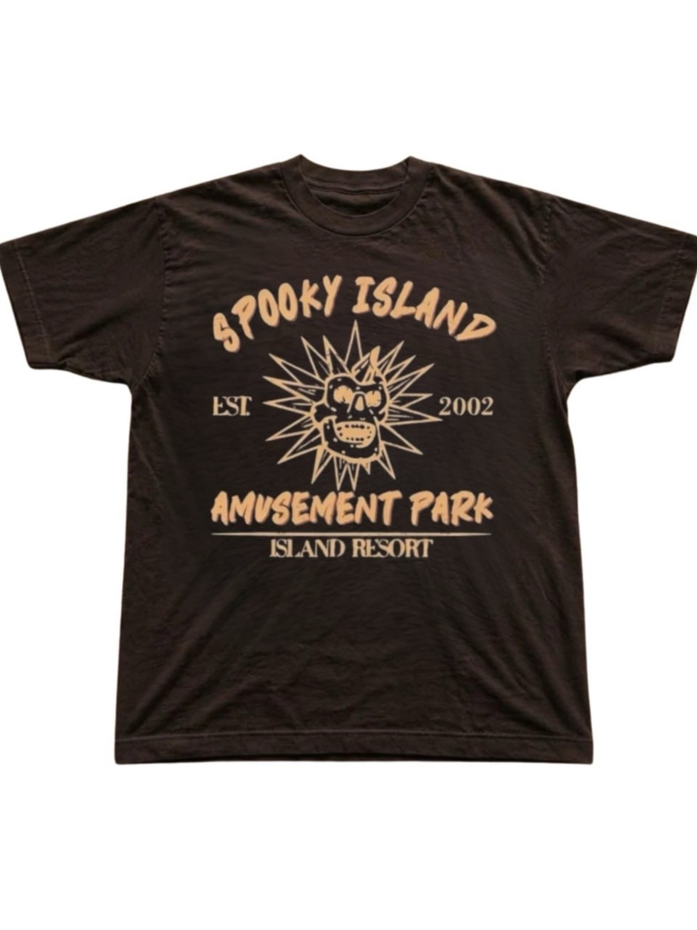 Brown Tee with Spooky Island Amusement Park Graphic